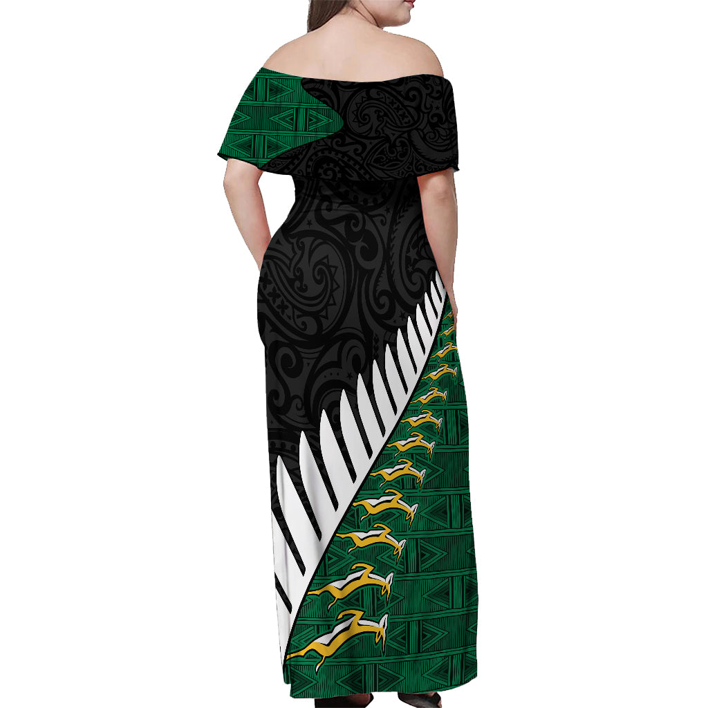 Custom South Africa and Aotearoa Rugby Off Shoulder Maxi Dress Springboks Black Fern Maori Vibe LT9 - Polynesian Pride