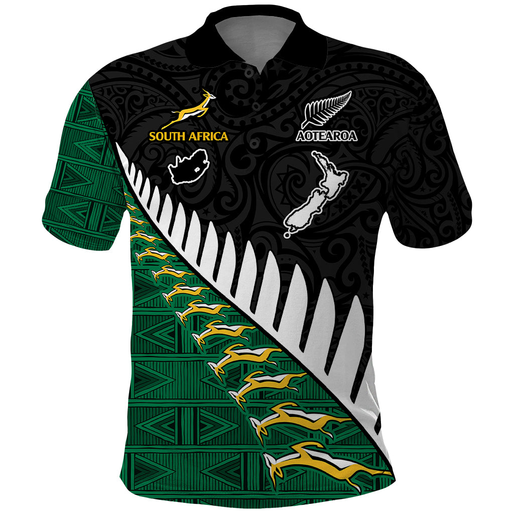 Custom South Africa and Aotearoa Rugby Polo Shirt Springboks Black Fern Maori Vibe LT9 Black - Polynesian Pride