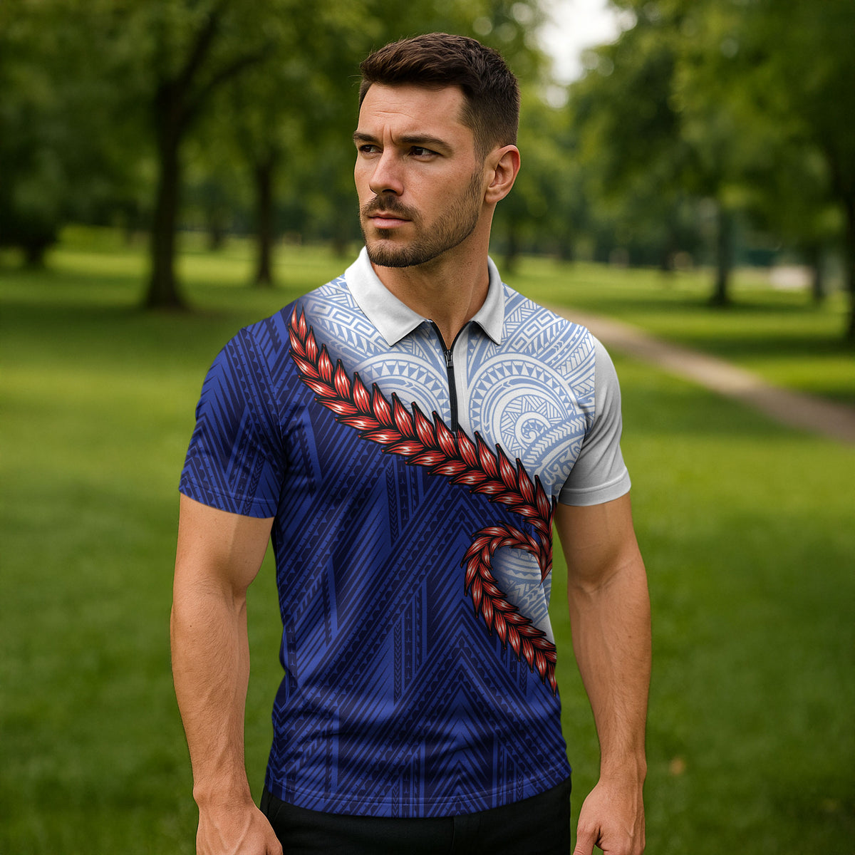 Ula Fala Red Samoa Chief Zipper Polo Shirt Samoan Art Black Tribal