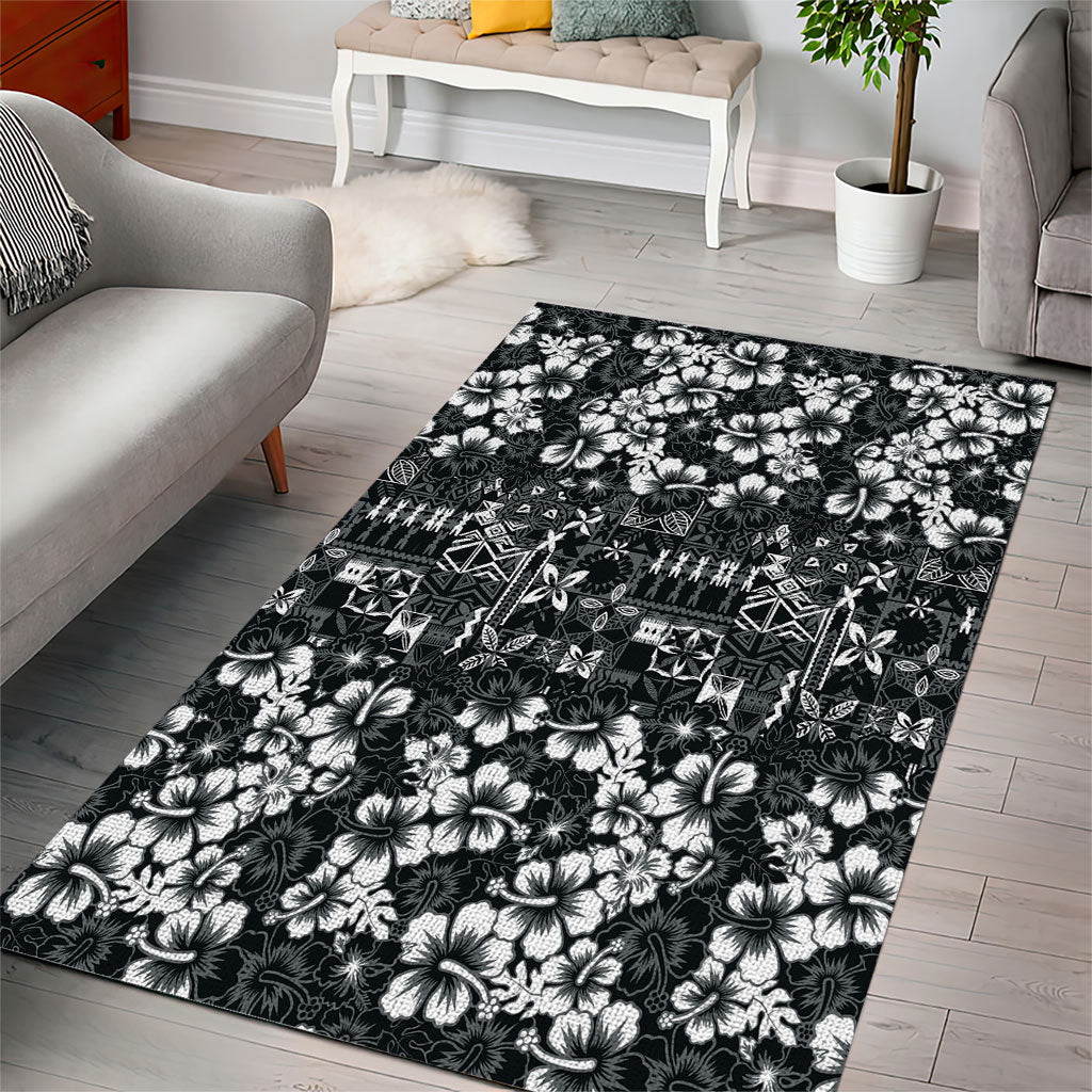 Black Hawaiian Tapa Tribal Hibiscus Area Rug