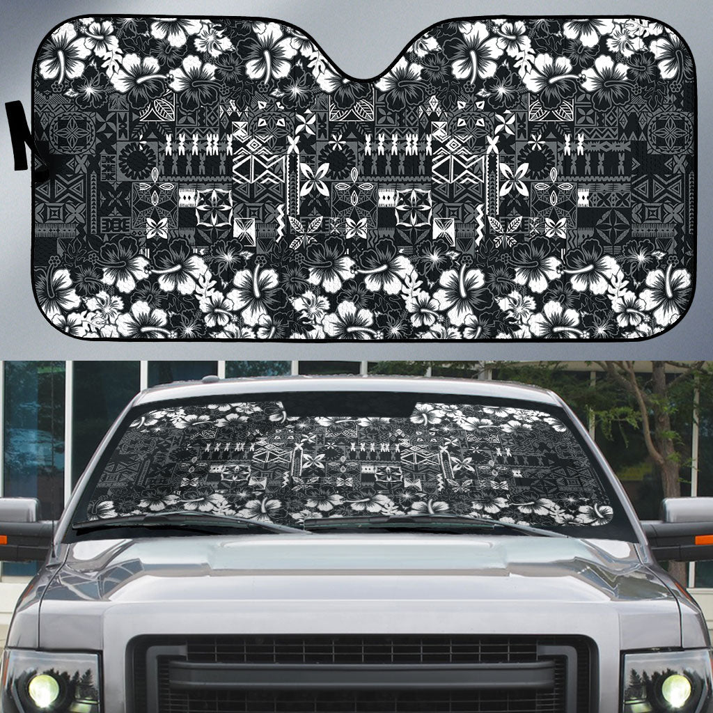 Black Hawaiian Tapa Tribal Hibiscus Auto Sun Shade LT9 Black - Polynesian Pride