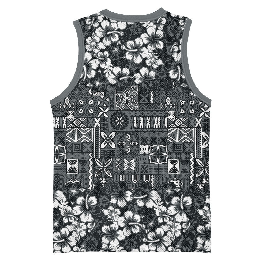 Black Hawaiian Tapa Tribal Hibiscus Basketball Jersey