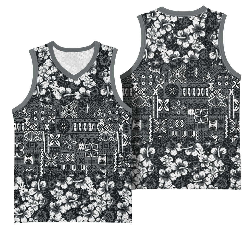 Black Hawaiian Tapa Tribal Hibiscus Basketball Jersey