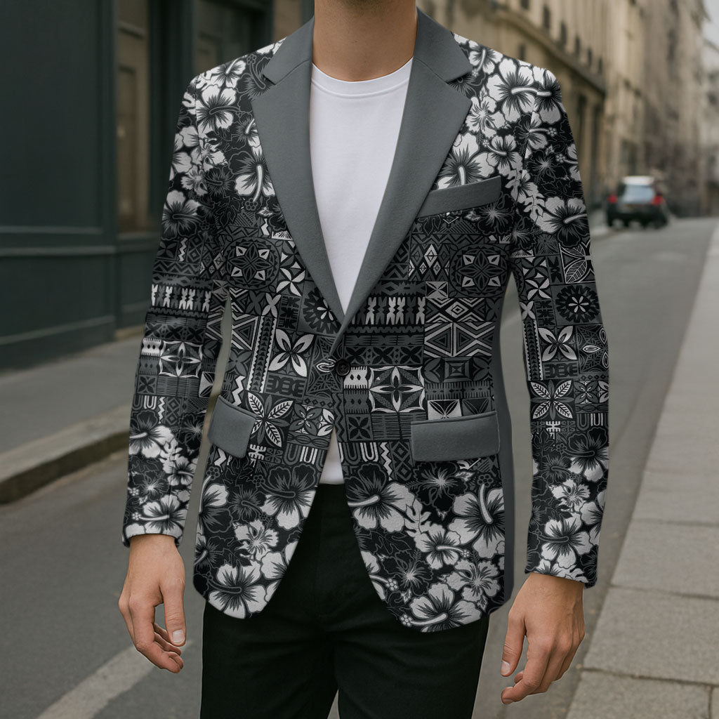 Black Hawaiian Tapa Tribal Hibiscus Blazer