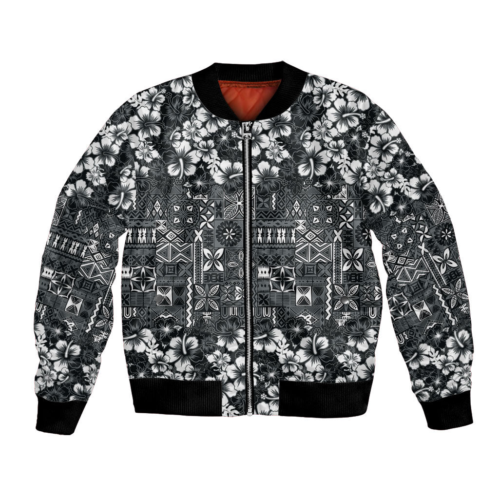 Black Hawaiian Tapa Tribal Hibiscus Bomber Jacket LT9 Unisex Black - Polynesian Pride