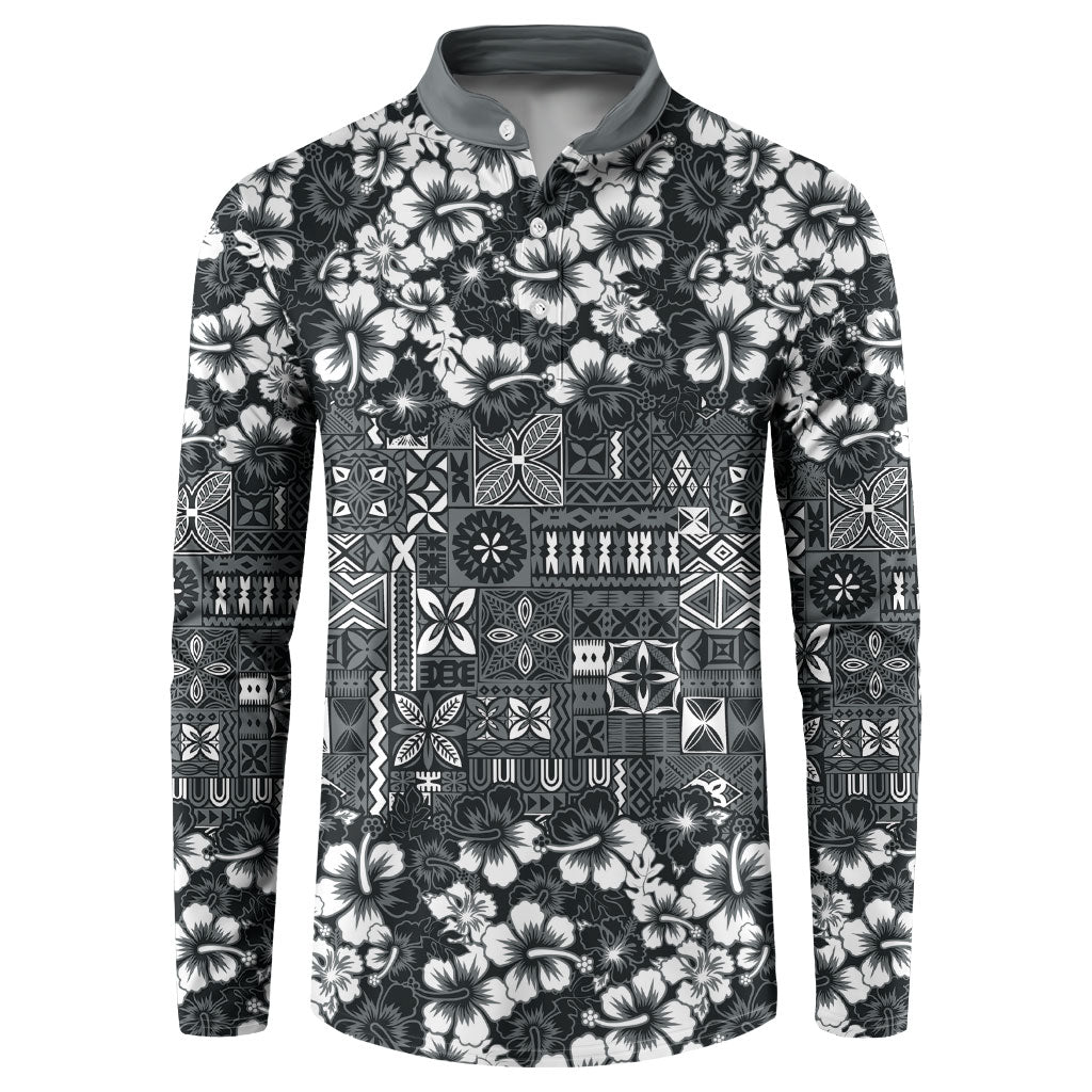 Black Hawaiian Tapa Tribal Hibiscus Button Sweatshirt LT9 Black - Polynesian Pride
