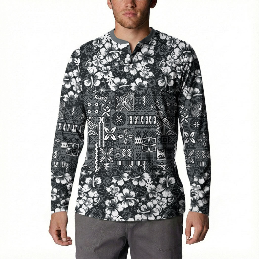 Black Hawaiian Tapa Tribal Hibiscus Button Sweatshirt