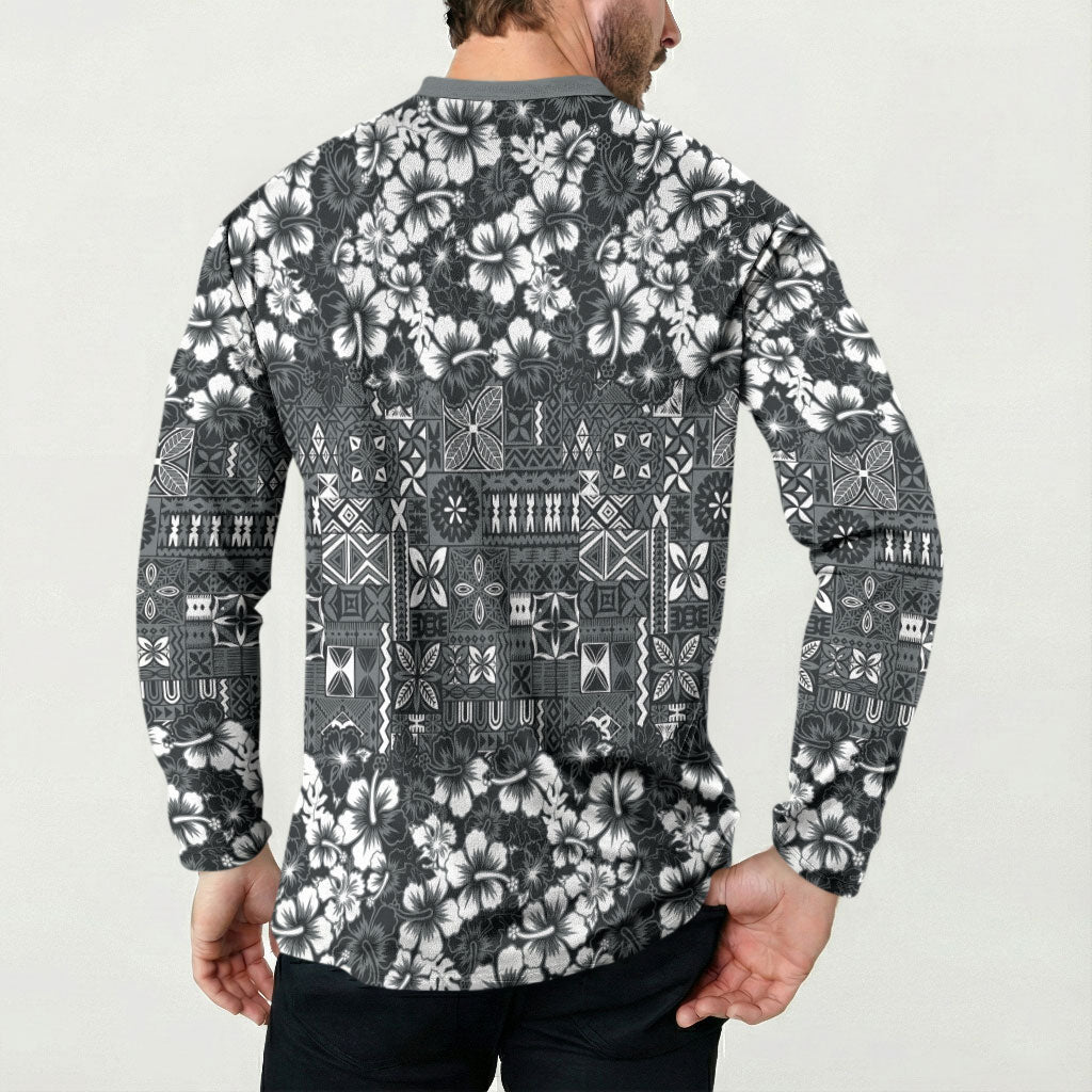Black Hawaiian Tapa Tribal Hibiscus Button Sweatshirt