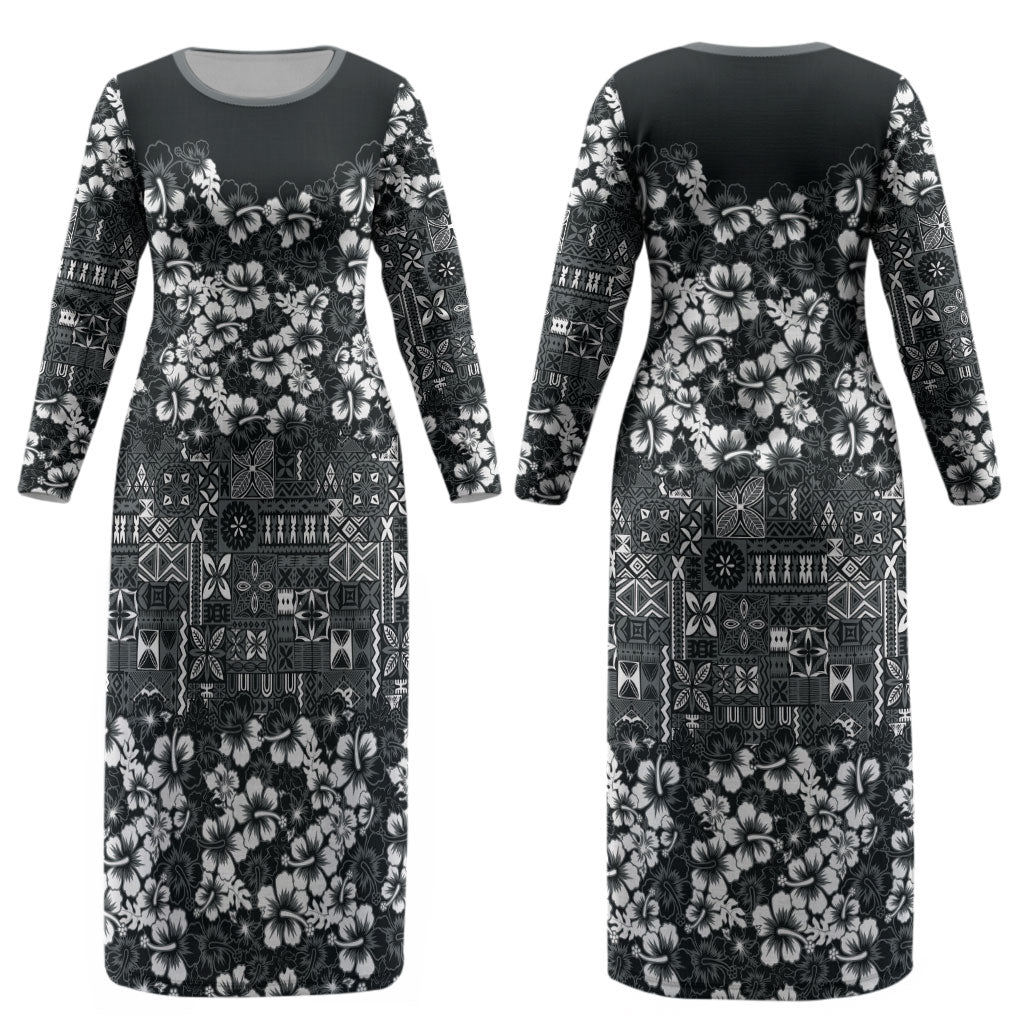 Black Hawaiian Tapa Tribal Hibiscus Couples Matching Long Sleeve Bodycon Dress and Hawaiian Shirt