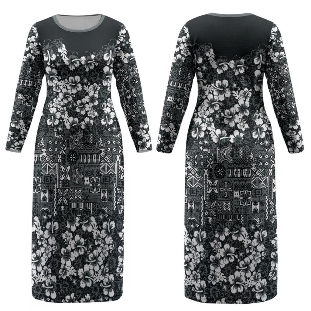 Black Hawaiian Tapa Tribal Hibiscus Couples Matching Long Sleeve Bodycon Dress and Long Sleeve Button Shirt