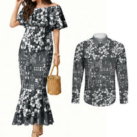 Black Hawaiian Tapa Tribal Hibiscus Couples Matching Mermaid Dress and Long Sleeve Button Shirt