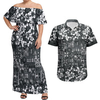 Black Hawaiian Tapa Tribal Hibiscus Couples Matching Off Shoulder Maxi Dress and Hawaiian Shirt