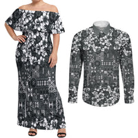Black Hawaiian Tapa Tribal Hibiscus Couples Matching Off Shoulder Maxi Dress and Long Sleeve Button Shirt