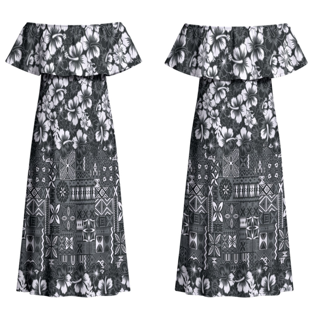 Black Hawaiian Tapa Tribal Hibiscus Couples Matching Off Shoulder Maxi Dress and Long Sleeve Button Shirt