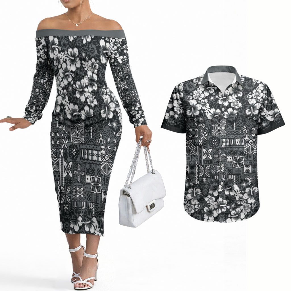 Black Hawaiian Tapa Tribal Hibiscus Couples Matching Off The Shoulder Long Sleeve Dress and Hawaiian Shirt