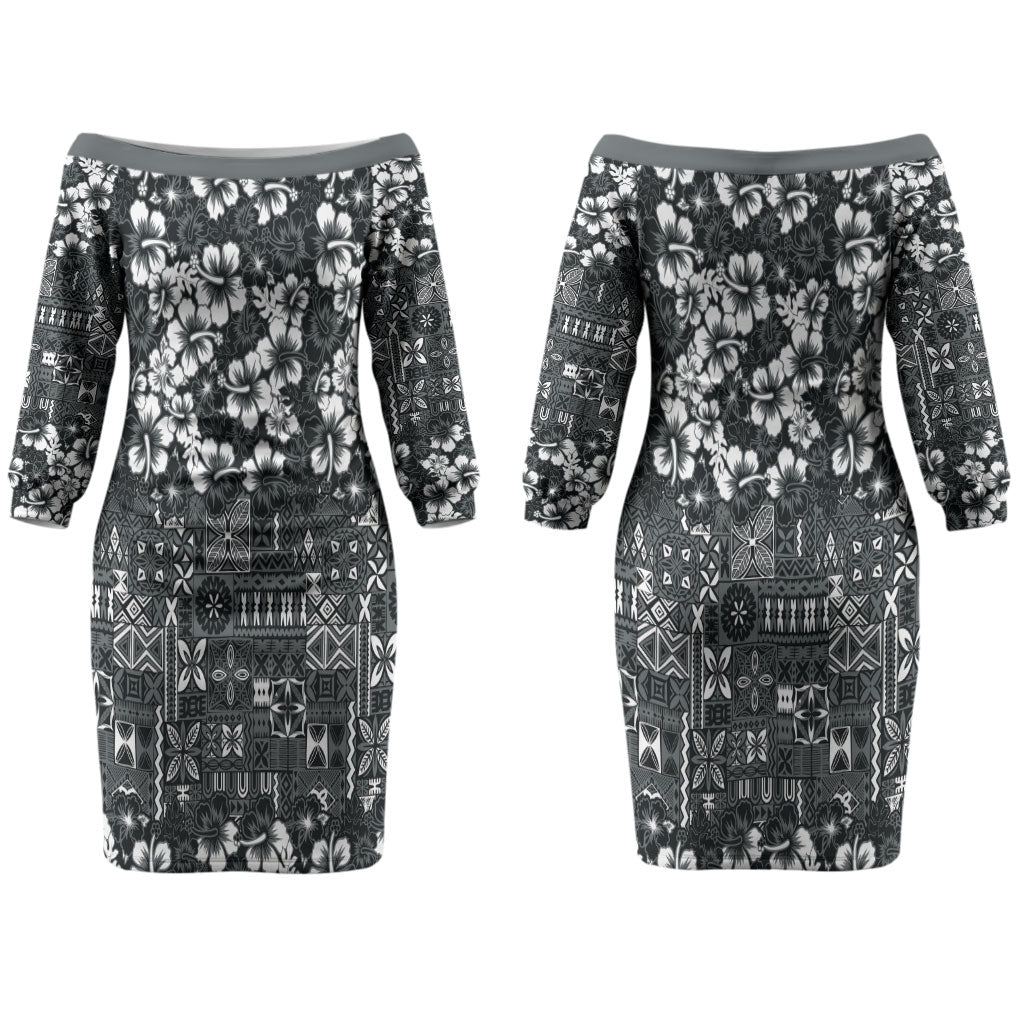 Black Hawaiian Tapa Tribal Hibiscus Couples Matching Off The Shoulder Long Sleeve Dress and Hawaiian Shirt