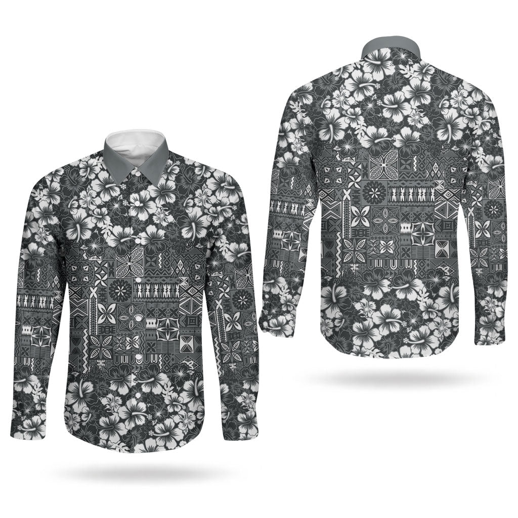Black Hawaiian Tapa Tribal Hibiscus Couples Matching Off The Shoulder Long Sleeve Dress and Long Sleeve Button Shirt