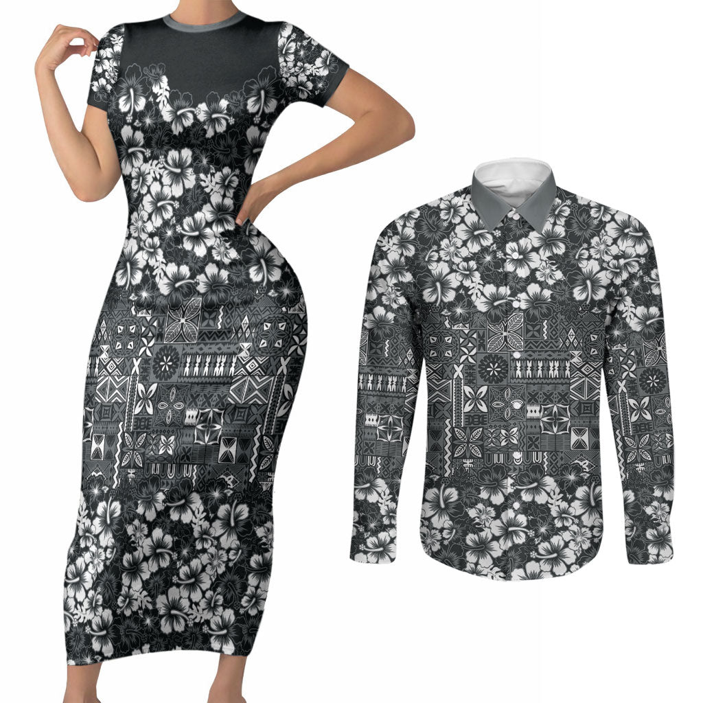 Black Hawaiian Tapa Tribal Hibiscus Couples Matching Short Sleeve Bodycon Dress and Long Sleeve Button Shirt