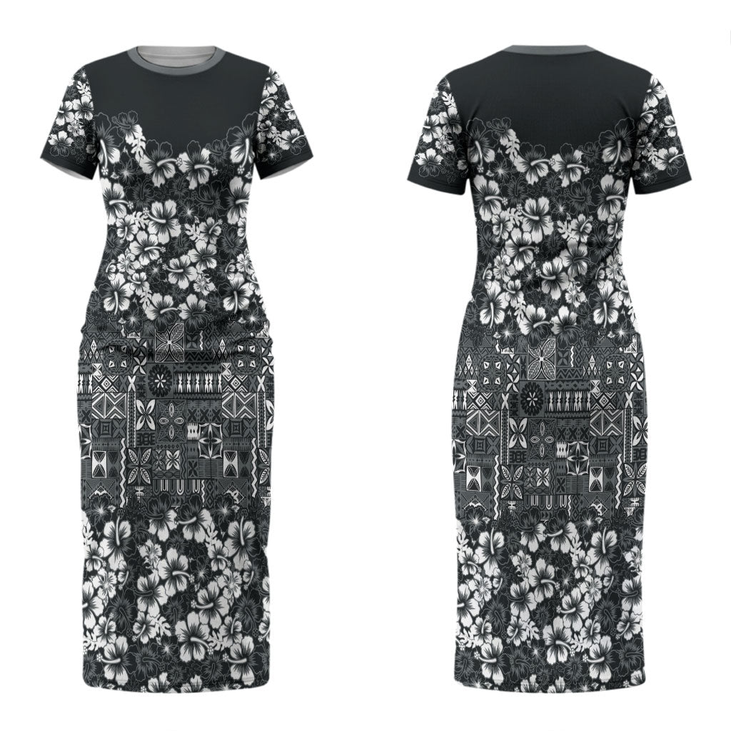 Black Hawaiian Tapa Tribal Hibiscus Couples Matching Short Sleeve Bodycon Dress and Long Sleeve Button Shirt
