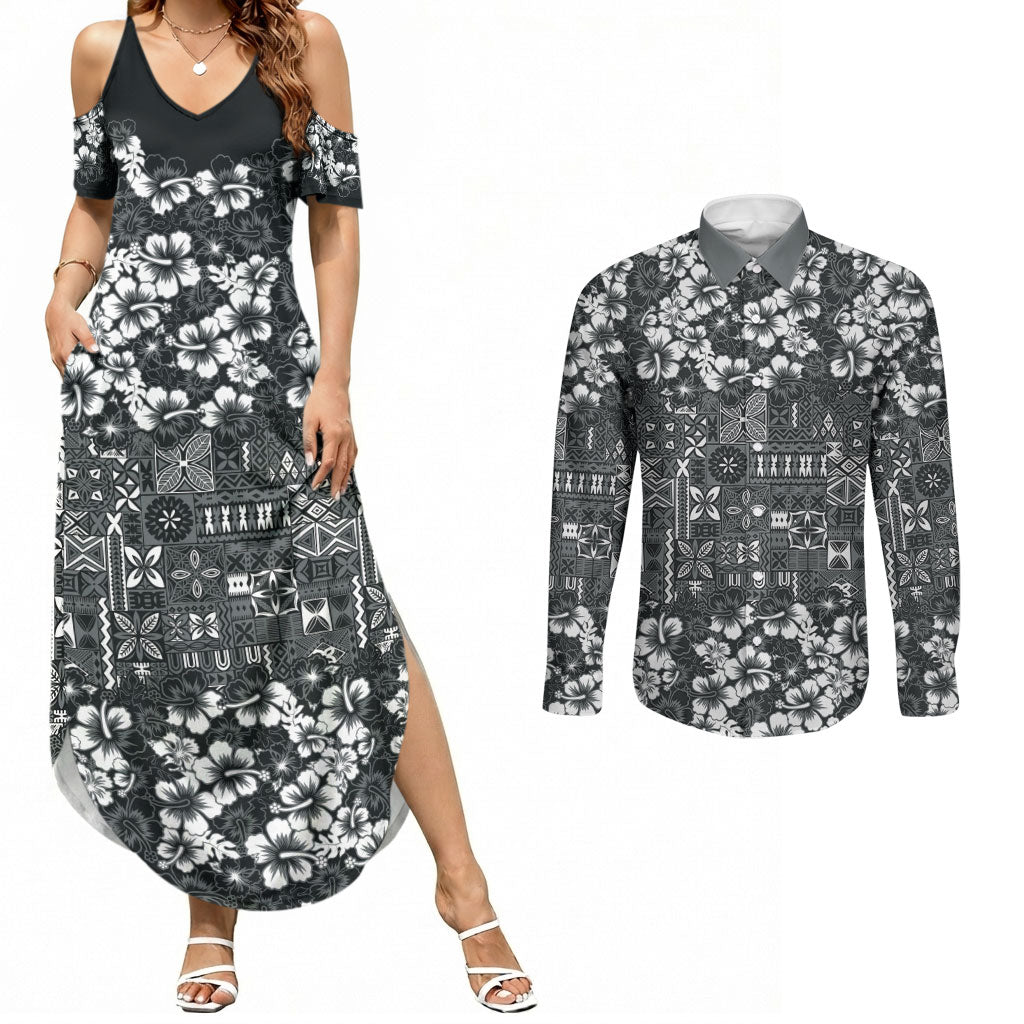 Black Hawaiian Tapa Tribal Hibiscus Couples Matching Summer Maxi Dress and Long Sleeve Button Shirt