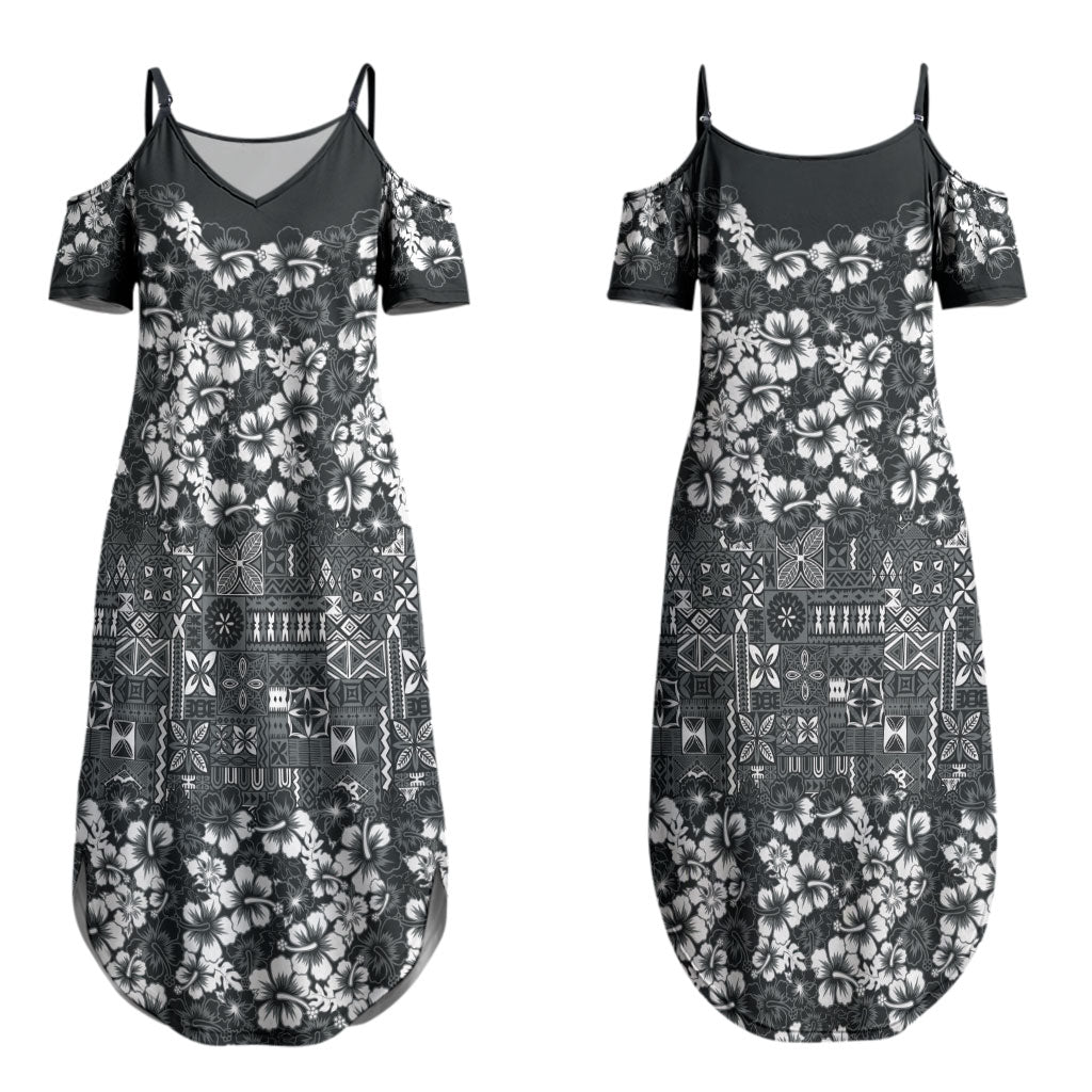 Black Hawaiian Tapa Tribal Hibiscus Couples Matching Summer Maxi Dress and Long Sleeve Button Shirt