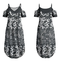 Black Hawaiian Tapa Tribal Hibiscus Couples Matching Summer Maxi Dress and Long Sleeve Button Shirt