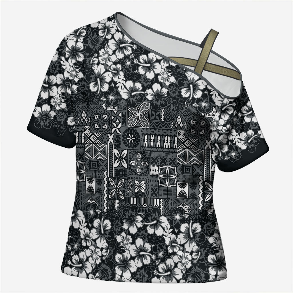 Black Hawaiian Tapa Tribal Hibiscus Cross Shoulder Shirt LT9 Female Black - Polynesian Pride
