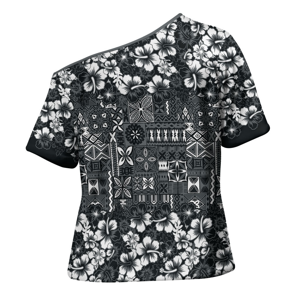 Black Hawaiian Tapa Tribal Hibiscus Cross Shoulder Shirt