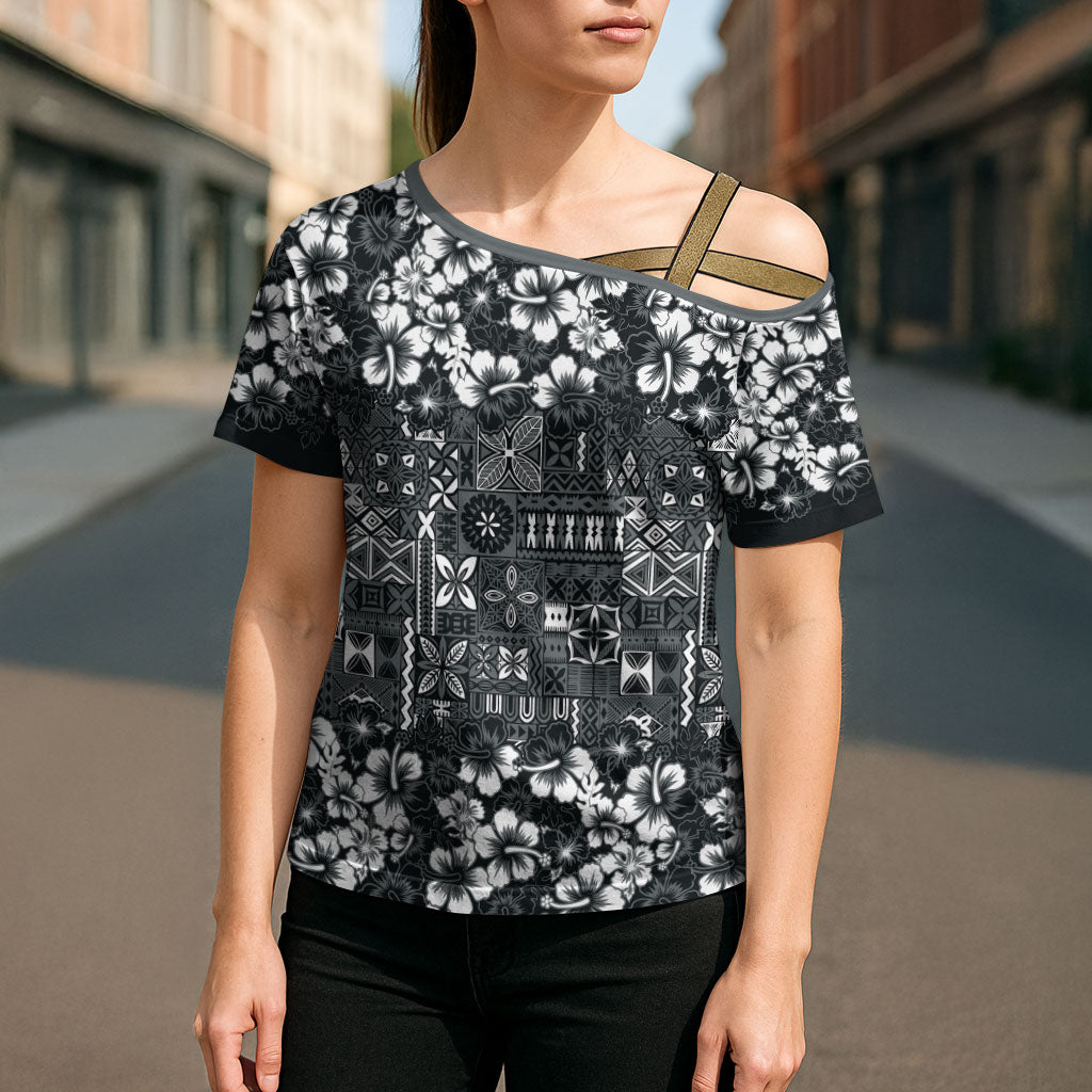 Black Hawaiian Tapa Tribal Hibiscus Cross Shoulder Shirt