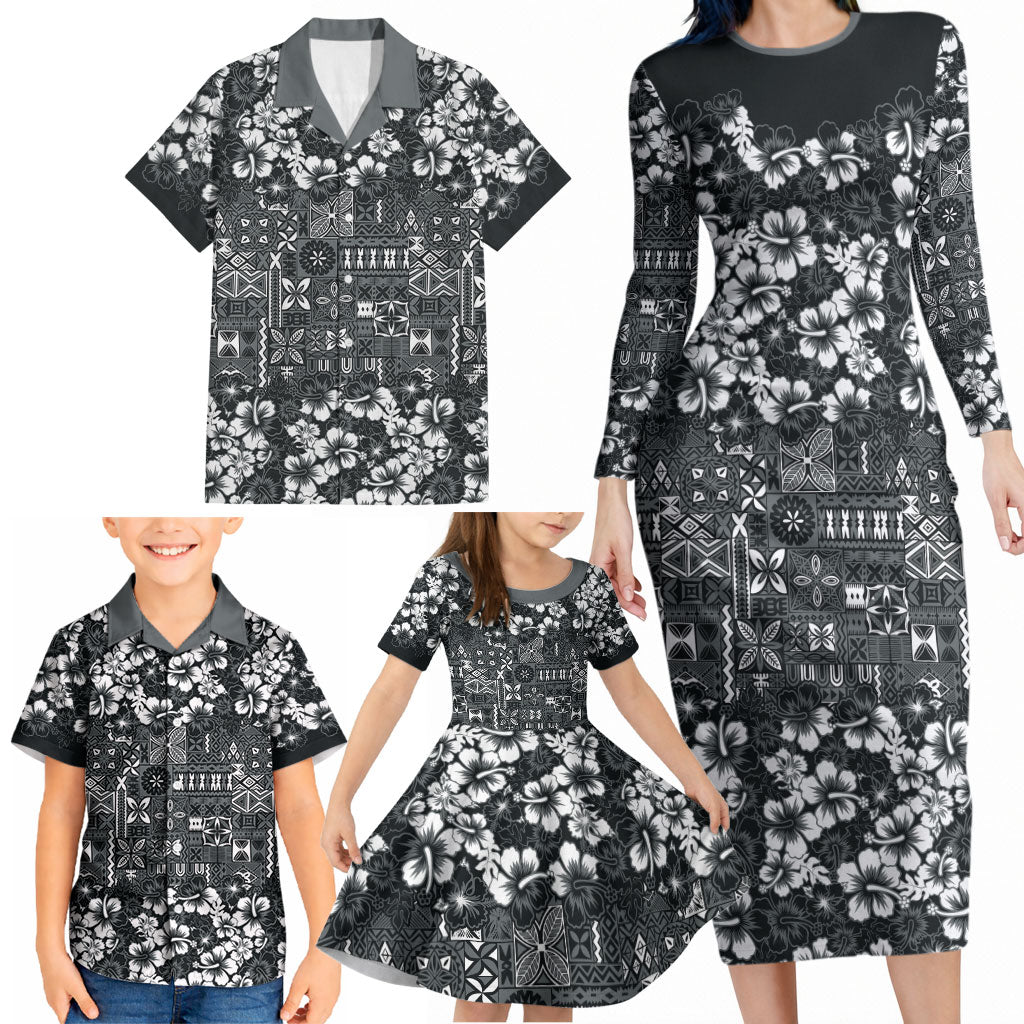 Black Hawaiian Tapa Tribal Hibiscus Family Matching Long Sleeve Bodycon Dress and Hawaiian Shirt