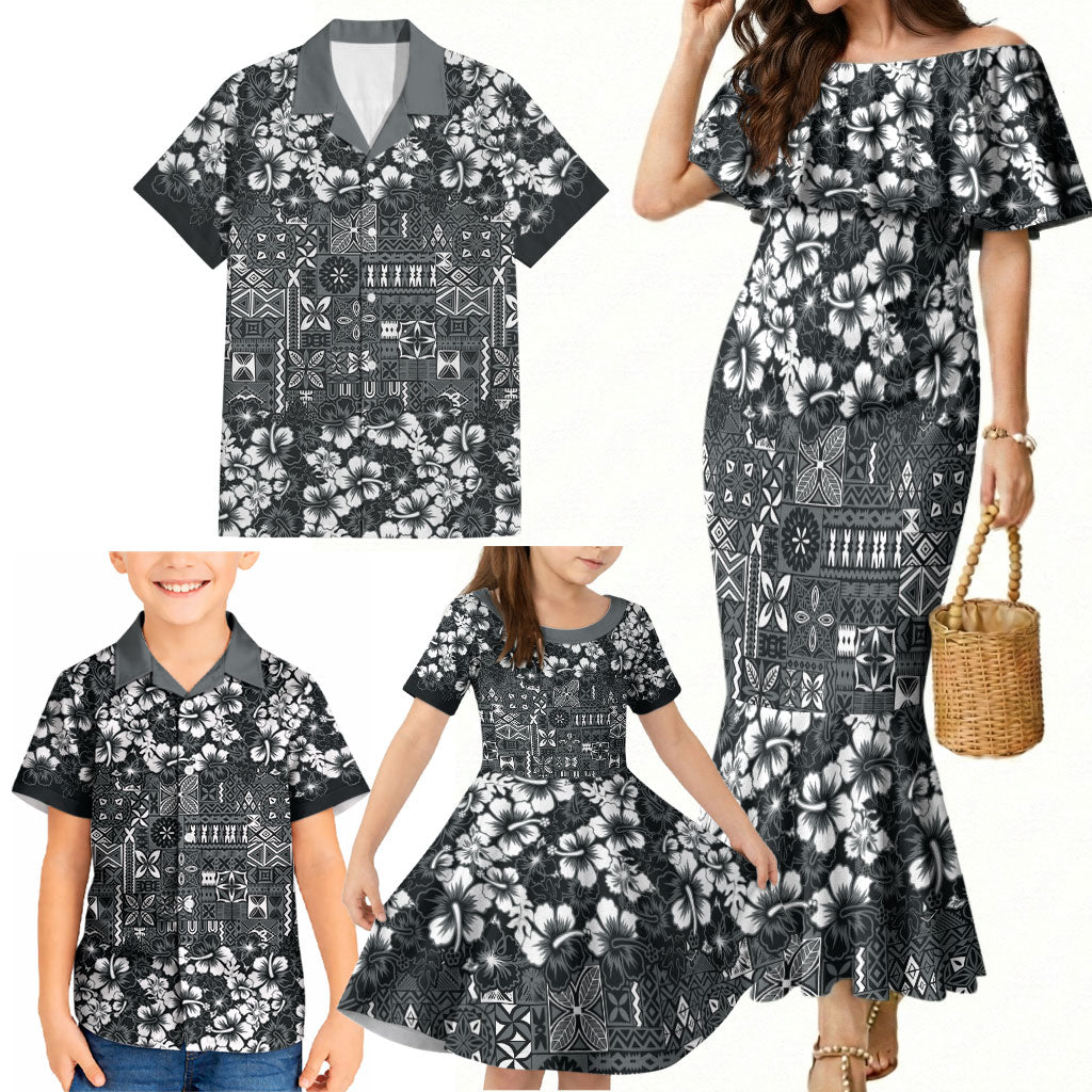 Black Hawaiian Tapa Tribal Hibiscus Family Matching Mermaid Dress and Hawaiian Shirt LT9 - Polynesian Pride