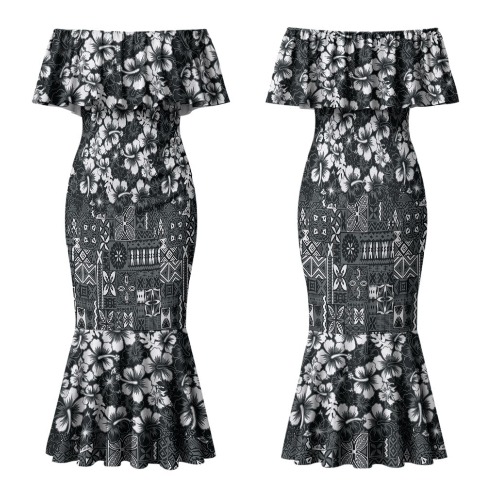 Black Hawaiian Tapa Tribal Hibiscus Family Matching Mermaid Dress and Hawaiian Shirt