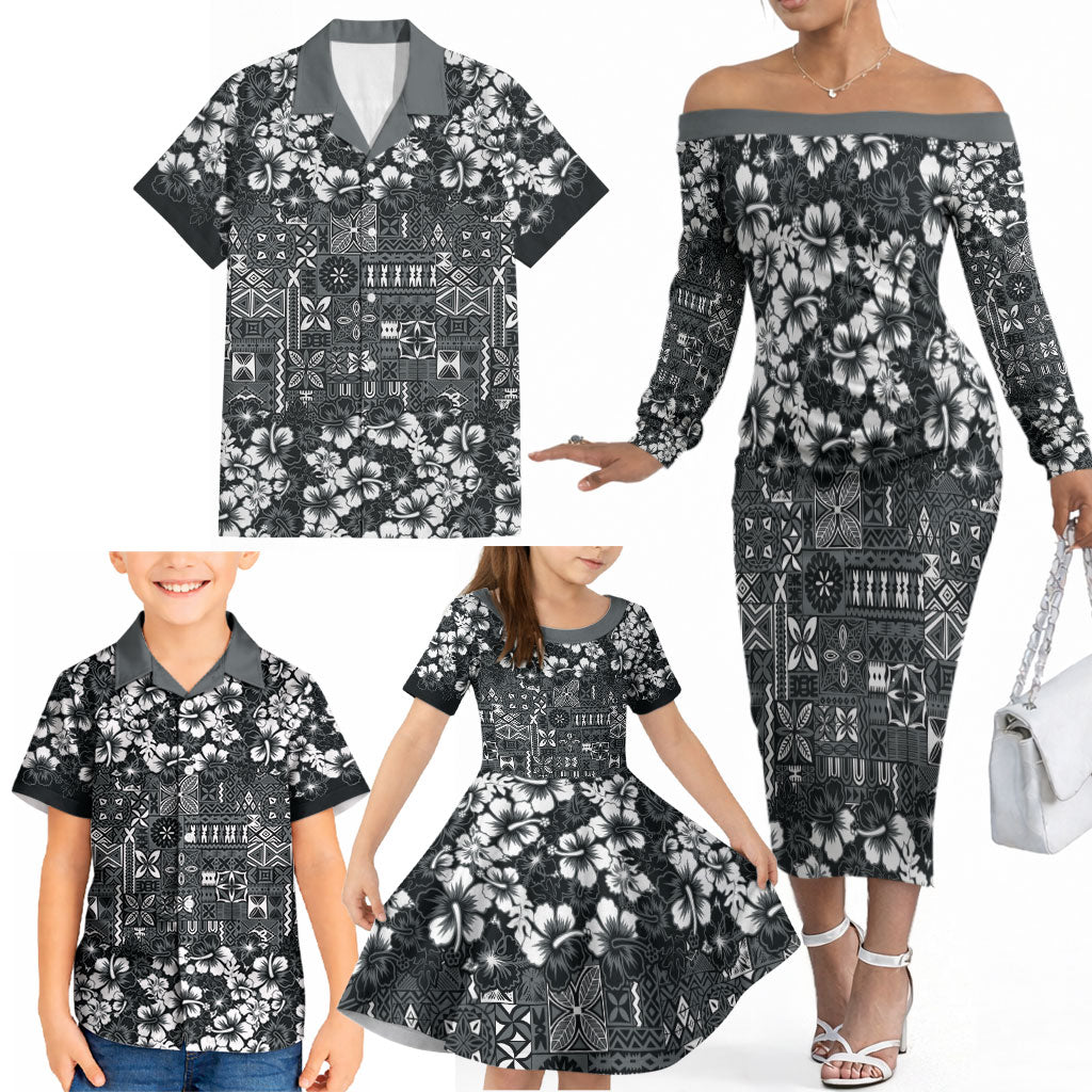 Black Hawaiian Tapa Tribal Hibiscus Family Matching Off The Shoulder Long Sleeve Dress and Hawaiian Shirt LT9 - Polynesian Pride