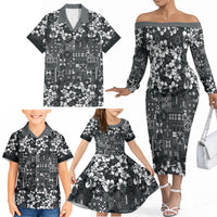 Black Hawaiian Tapa Tribal Hibiscus Family Matching Off The Shoulder Long Sleeve Dress and Hawaiian Shirt