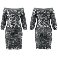 Black Hawaiian Tapa Tribal Hibiscus Family Matching Off The Shoulder Long Sleeve Dress and Hawaiian Shirt