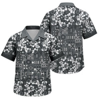 Black Hawaiian Tapa Tribal Hibiscus Family Matching Off The Shoulder Long Sleeve Dress and Hawaiian Shirt