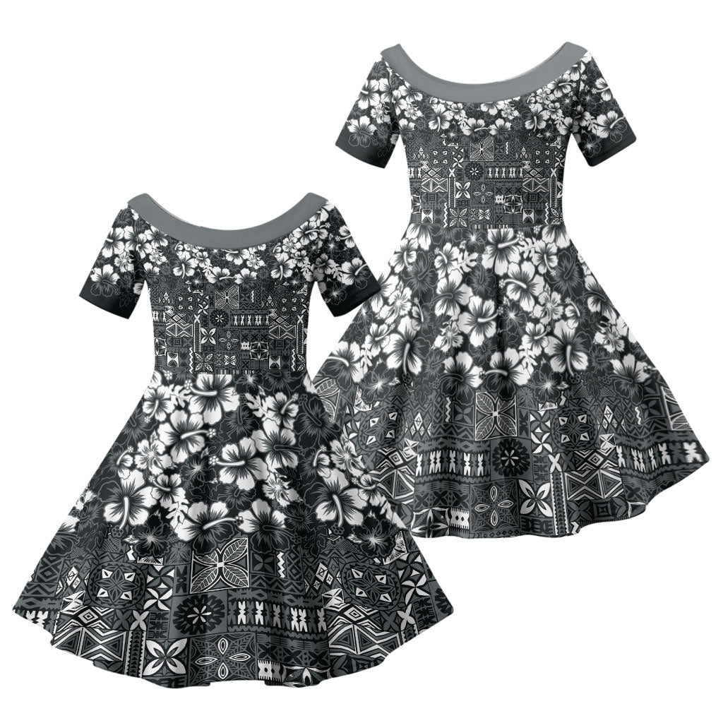 Black Hawaiian Tapa Tribal Hibiscus Family Matching Off Shoulder Maxi Dress and Hawaiian Shirt