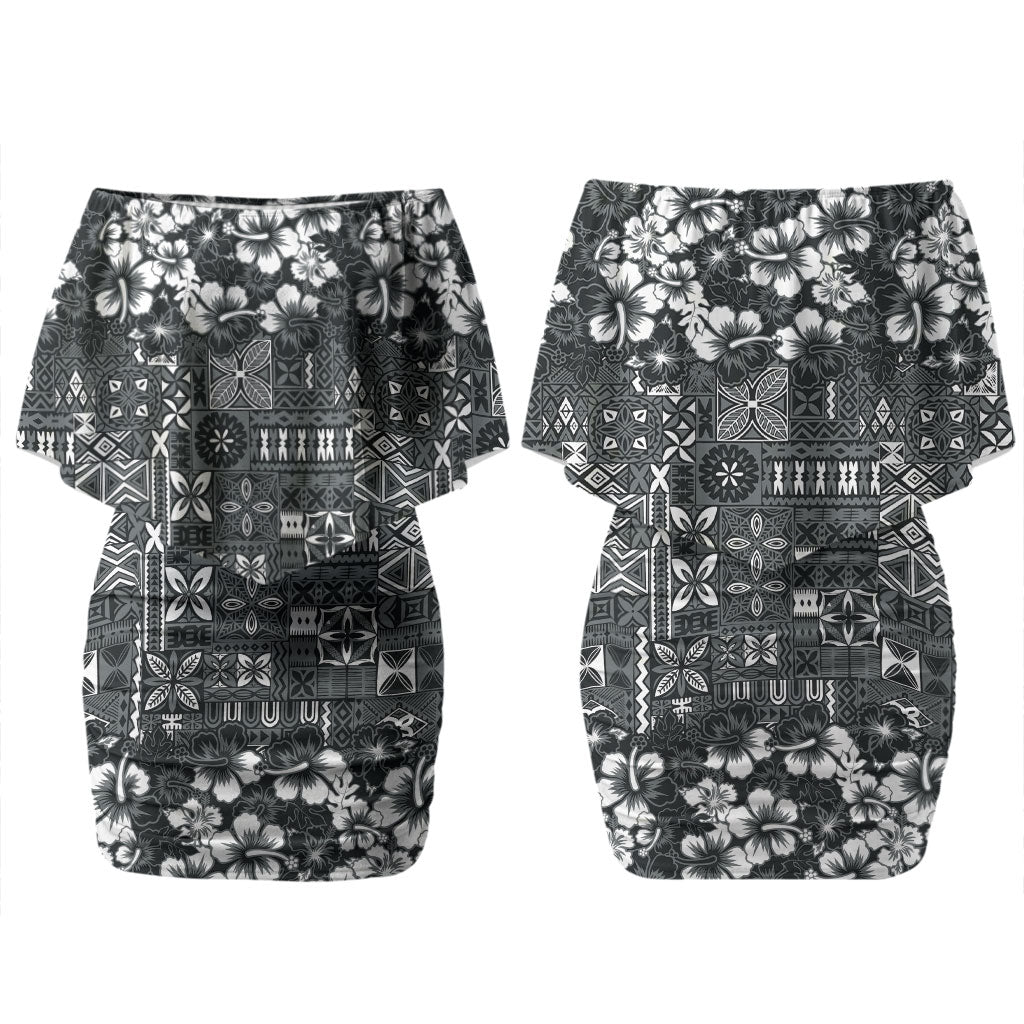 Black Hawaiian Tapa Tribal Hibiscus Family Matching Off Shoulder Short Dress and Hawaiian Shirt