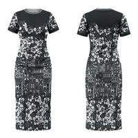 Black Hawaiian Tapa Tribal Hibiscus Family Matching Short Sleeve Bodycon Dress and Hawaiian Shirt