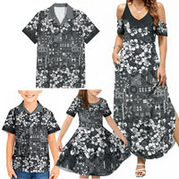 Black Hawaiian Tapa Tribal Hibiscus Family Matching Summer Maxi Dress and Hawaiian Shirt
