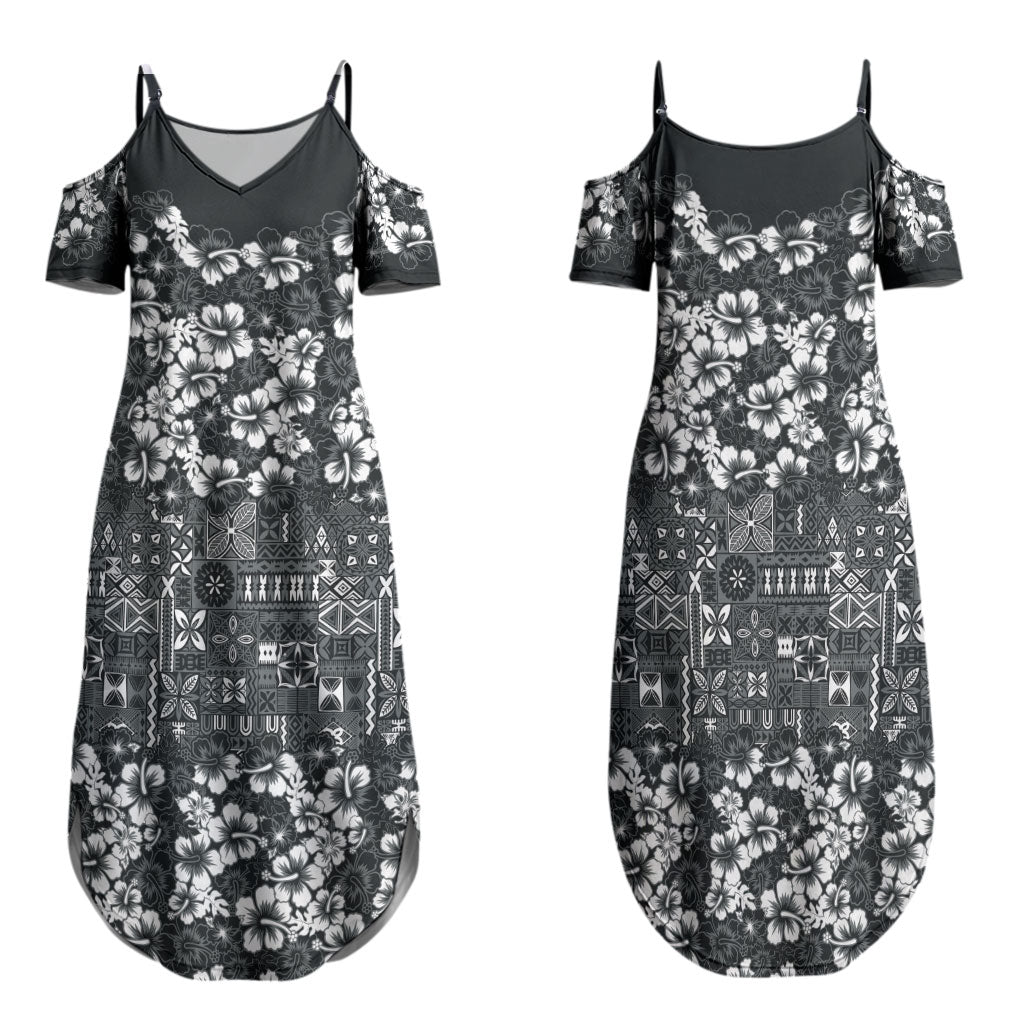 Black Hawaiian Tapa Tribal Hibiscus Family Matching Summer Maxi Dress and Hawaiian Shirt