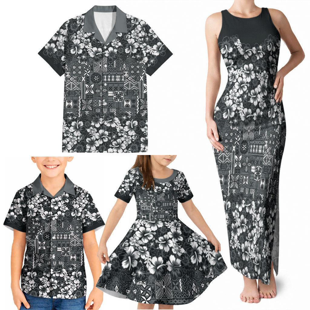 Black Hawaiian Tapa Tribal Hibiscus Family Matching Tank Maxi Dress and Hawaiian Shirt LT9 - Polynesian Pride