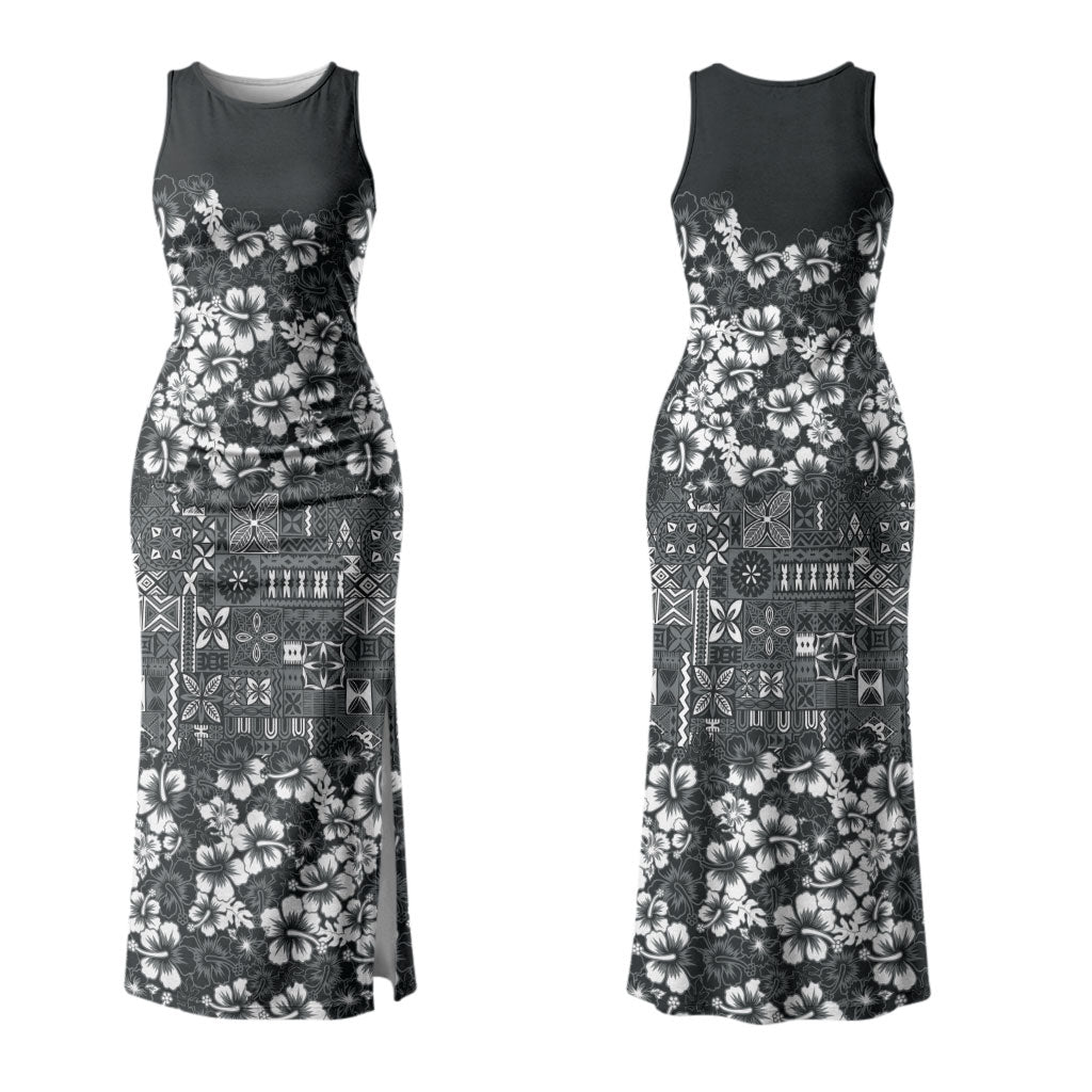 Black Hawaiian Tapa Tribal Hibiscus Family Matching Tank Maxi Dress and Hawaiian Shirt