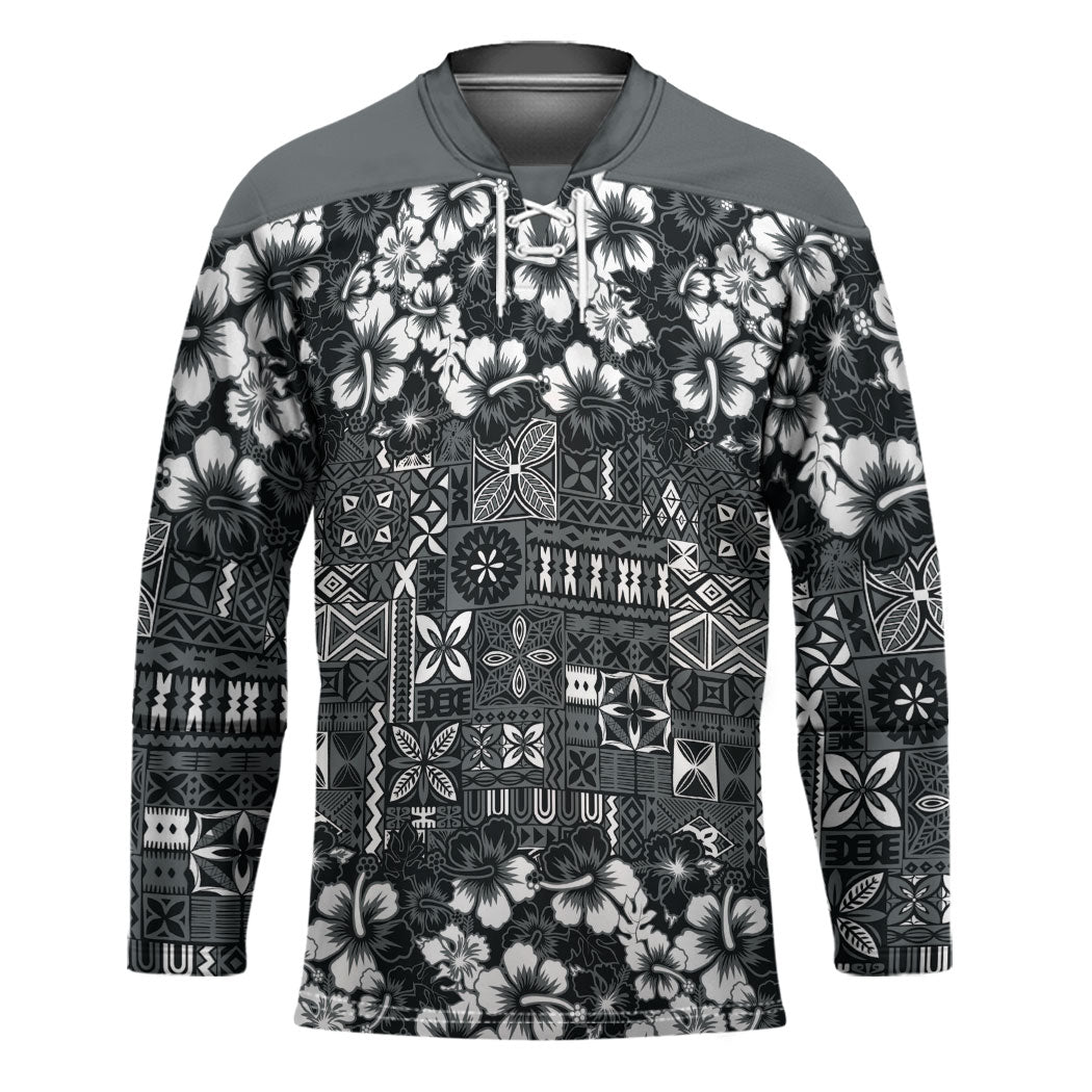 Black Hawaiian Tapa Tribal Hibiscus Hockey Jersey