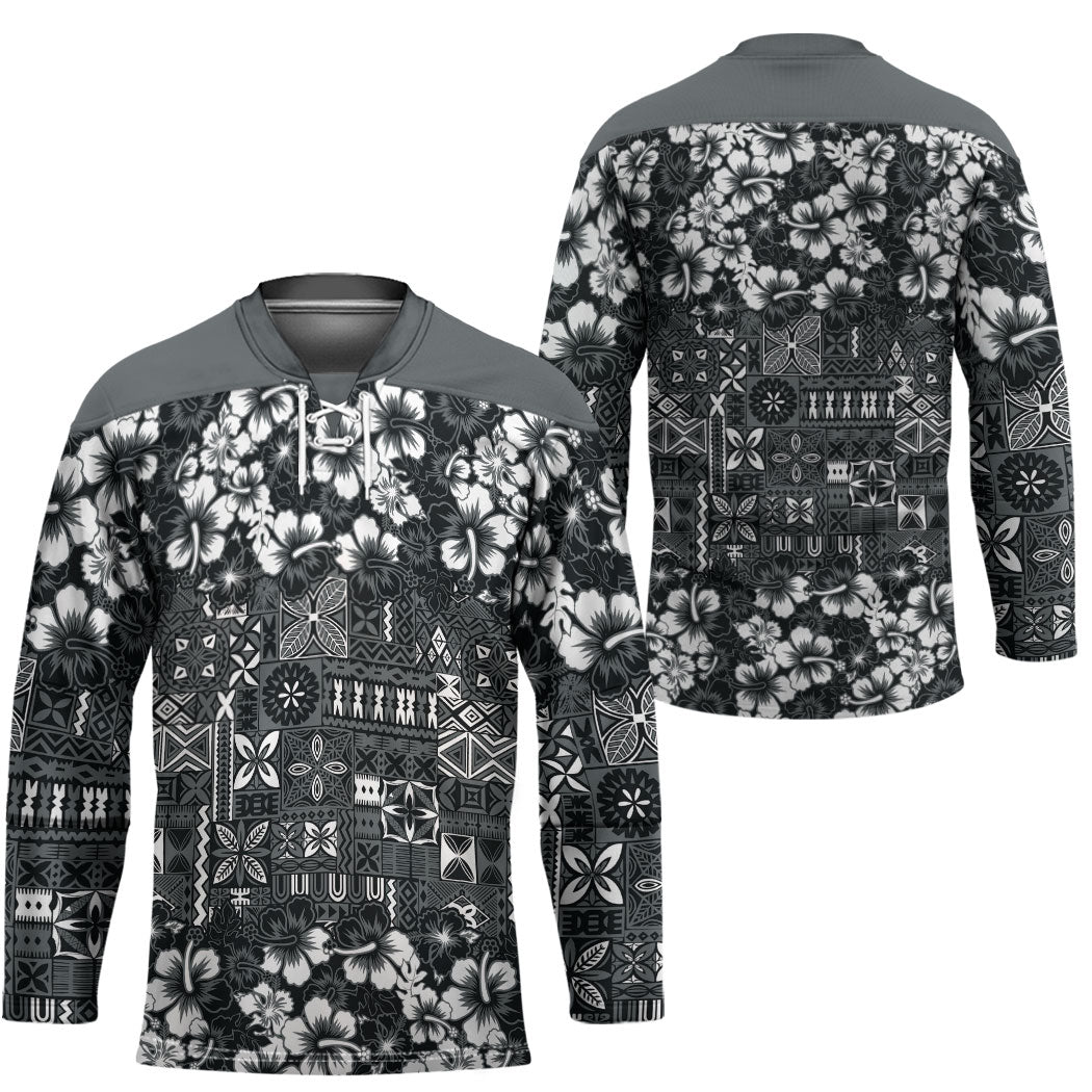 Black Hawaiian Tapa Tribal Hibiscus Hockey Jersey