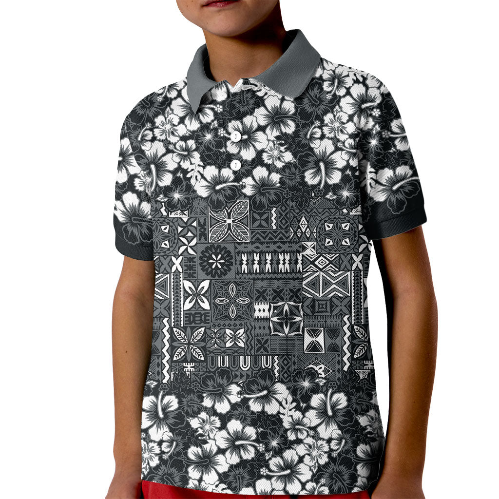 Black Hawaiian Tapa Tribal Hibiscus Kid Polo Shirt