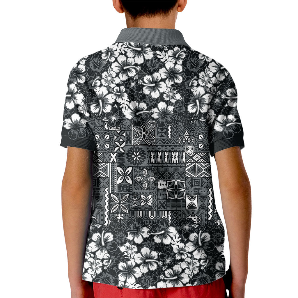 Black Hawaiian Tapa Tribal Hibiscus Kid Polo Shirt