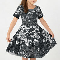 Black Hawaiian Tapa Tribal Hibiscus Kid Short Sleeve Dress