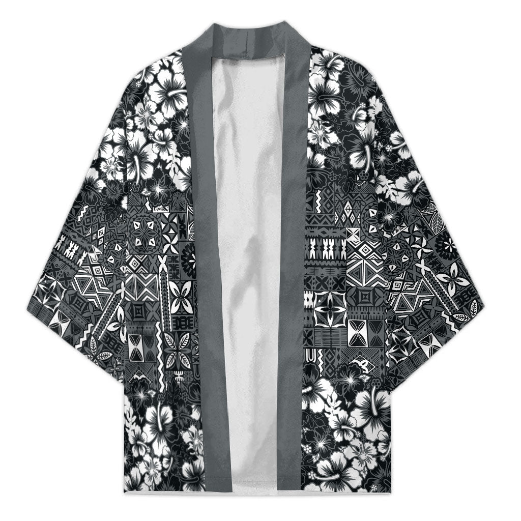 Black Hawaiian Tapa Tribal Hibiscus Kimono