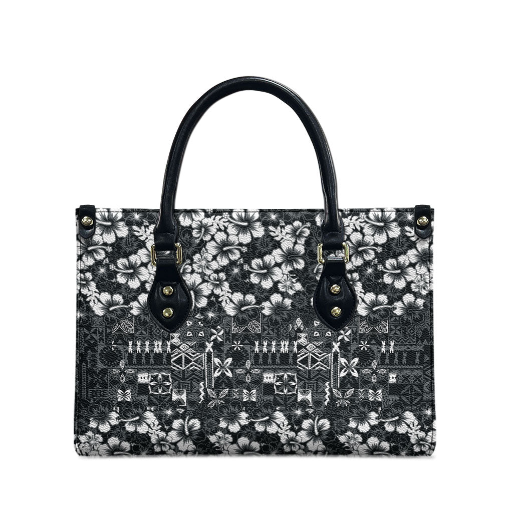 Black Hawaiian Tapa Tribal Hibiscus Leather Bag